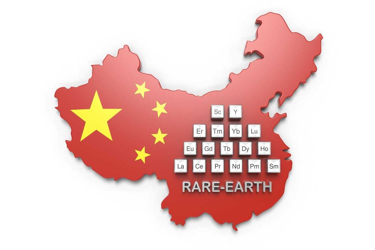 Red China map with rare-earth elements symbols and stars.