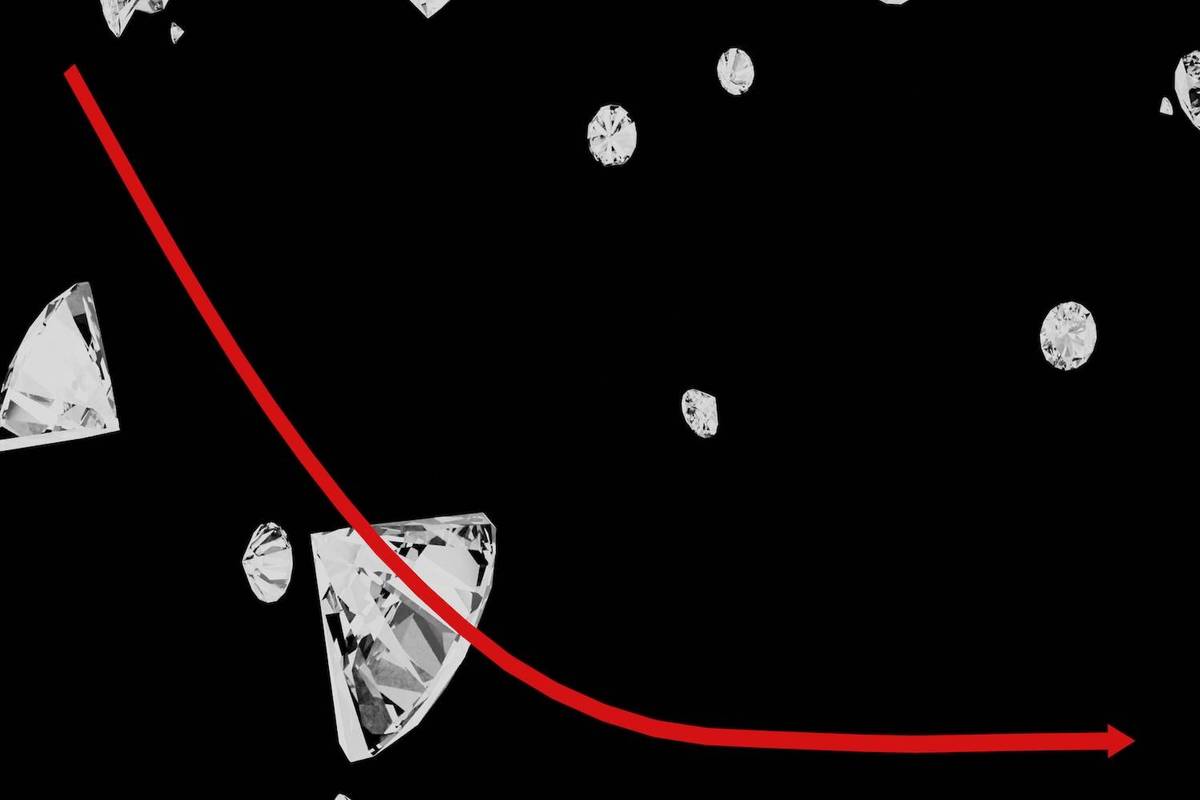 Red downward curve with scattered diamonds on a black background.