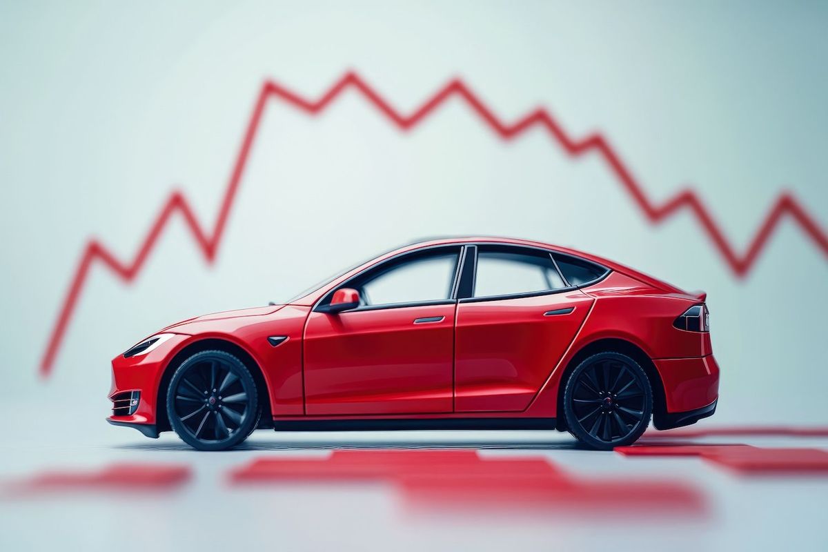 Red electric car in front of a declining line graph.