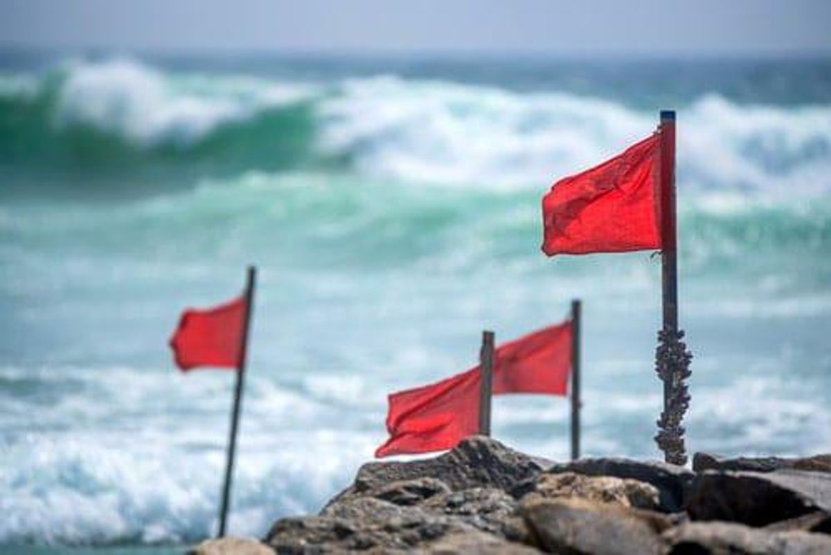 Red flags waving on a sandy beach in front of waves.