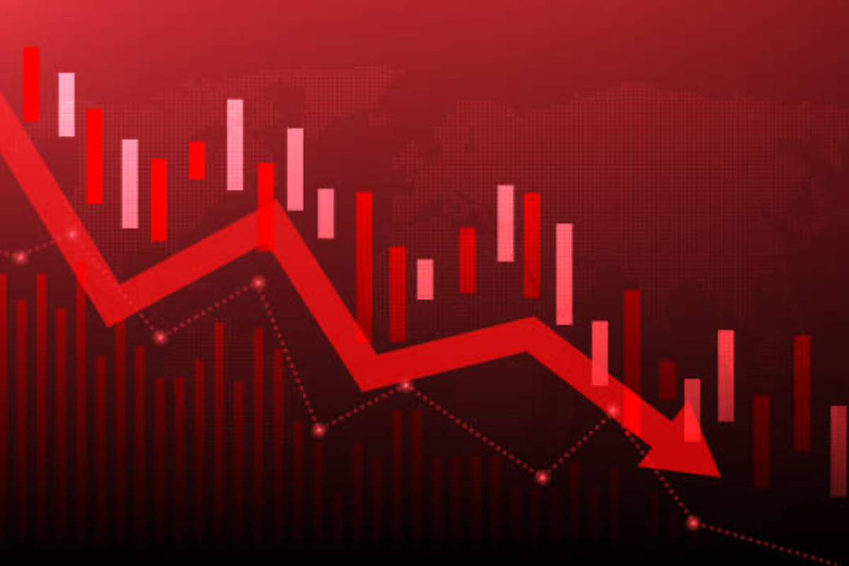 Red graph and arrow pointing down.