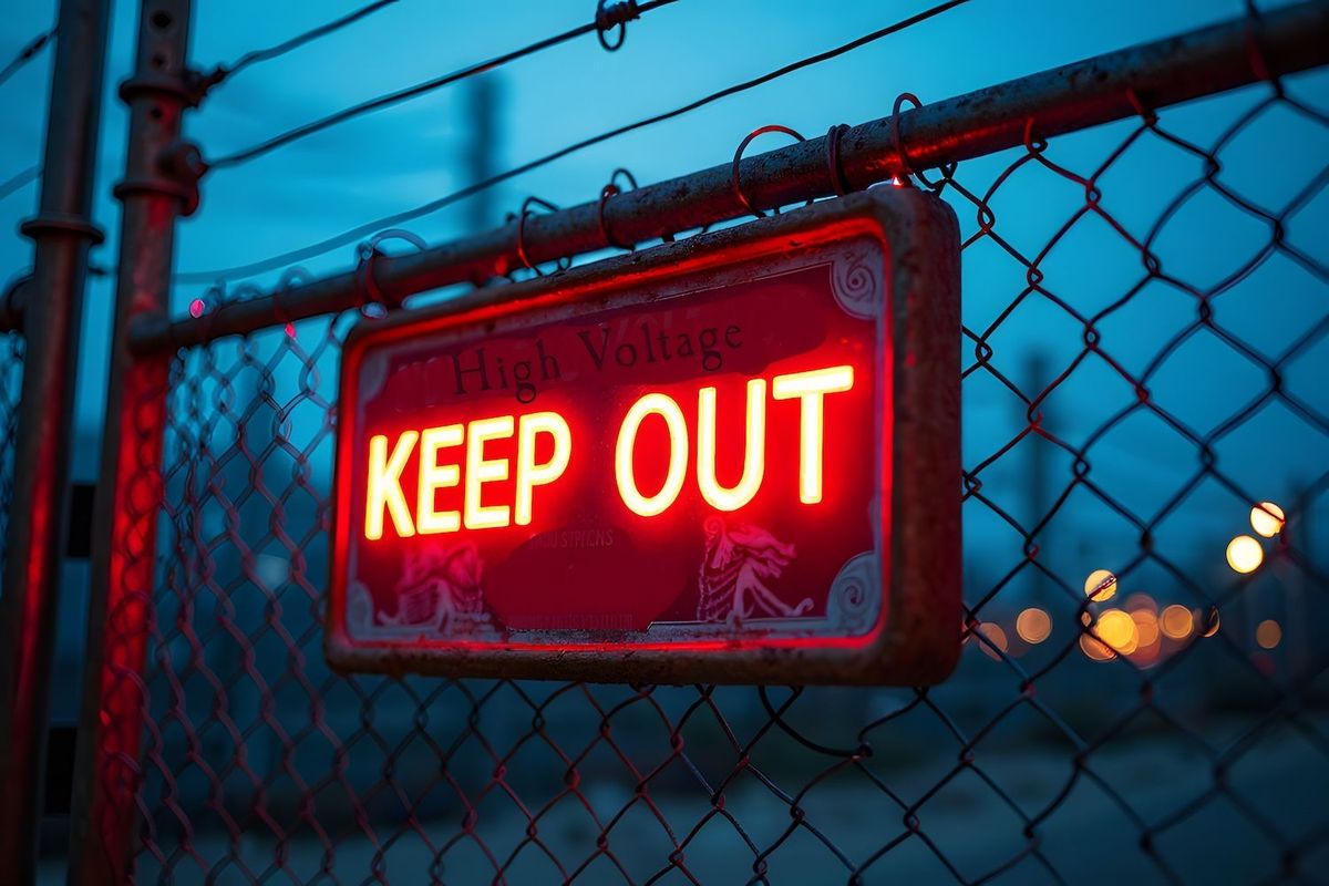 Red "keep out" sign on a chainlink fence, evening backdrop.