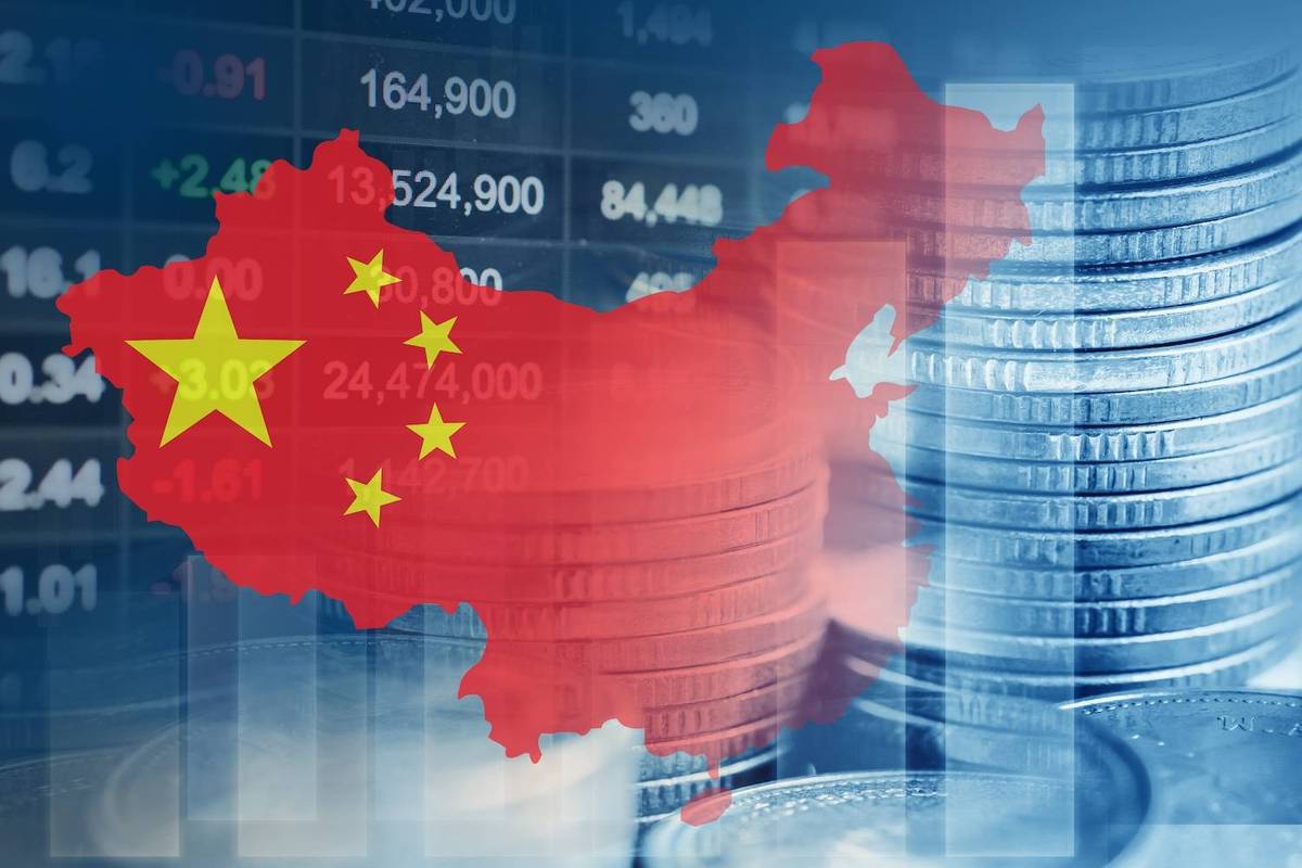 Red map of China with yellow stars over a background of coins and stock numbers.