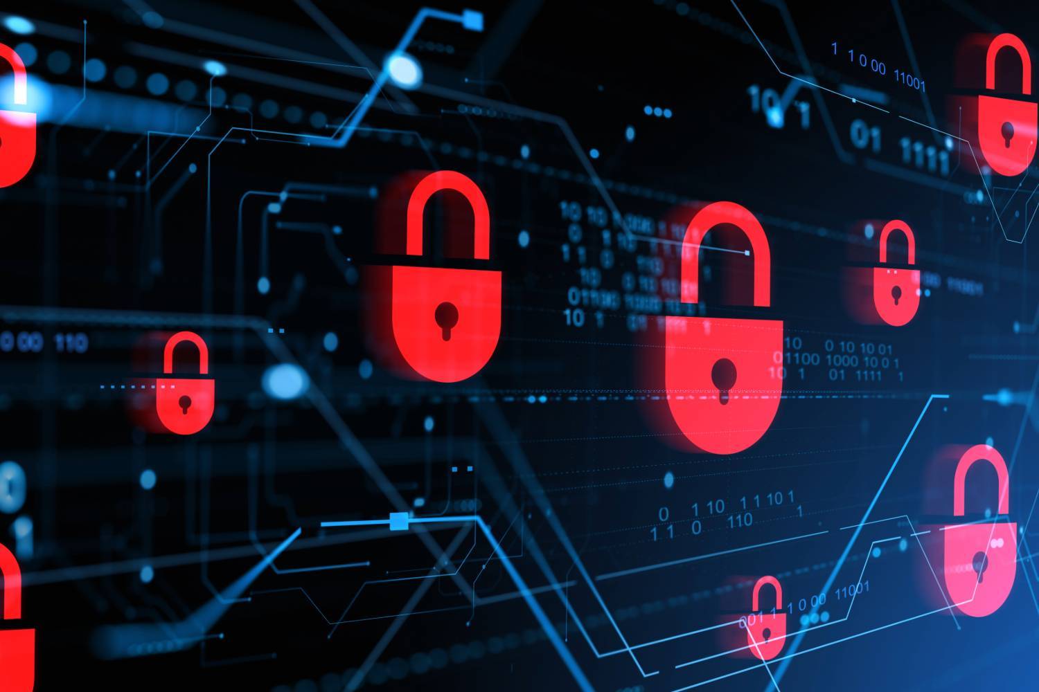 Red padlocks on a digital background symbolize cybersecurity threats.