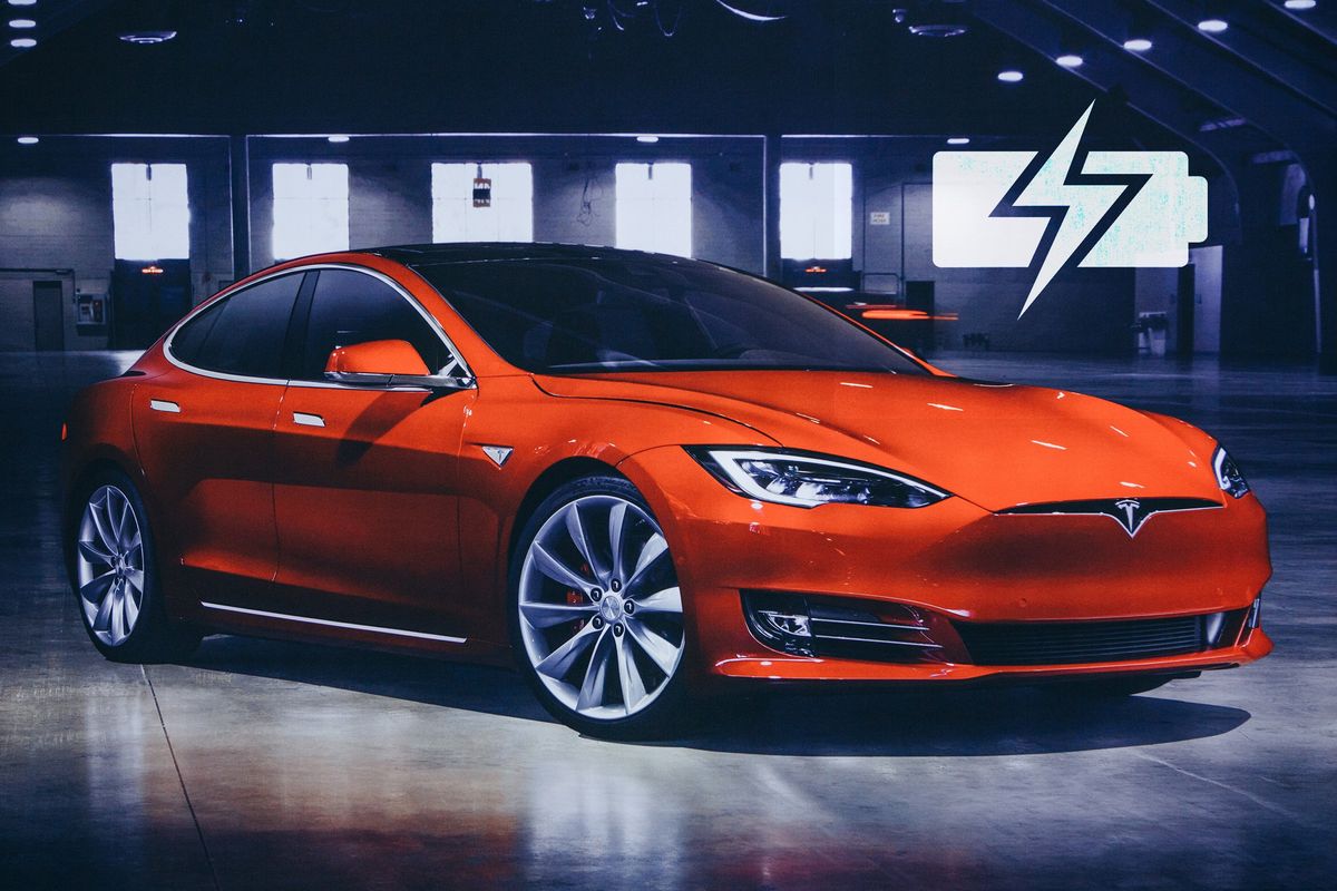 Red Tesla electric vehicle with lithium-ion battery icon in corner.