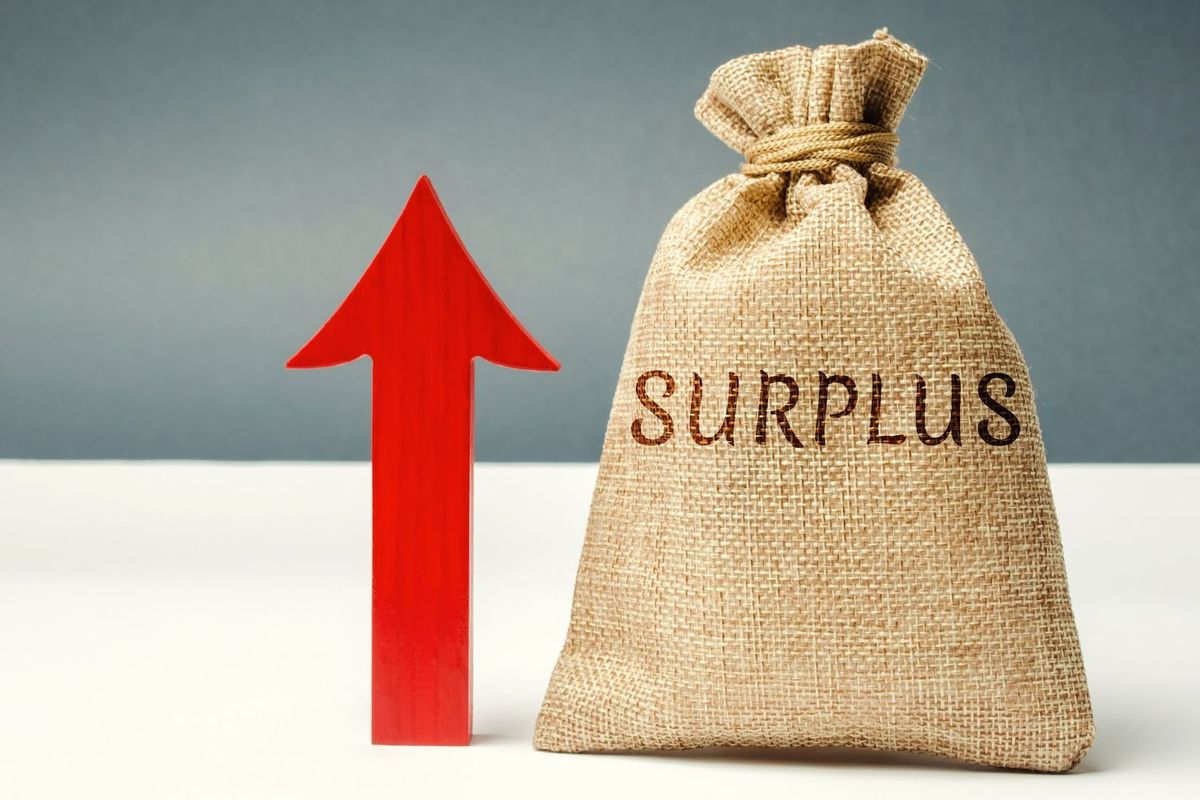 Red up arrow next to a burlap sack labeled "surplus."