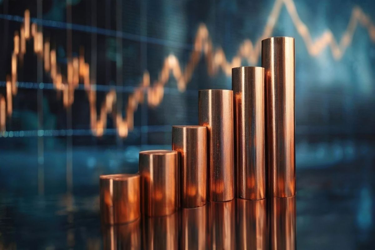 Rising copper bars against a financial graph background.