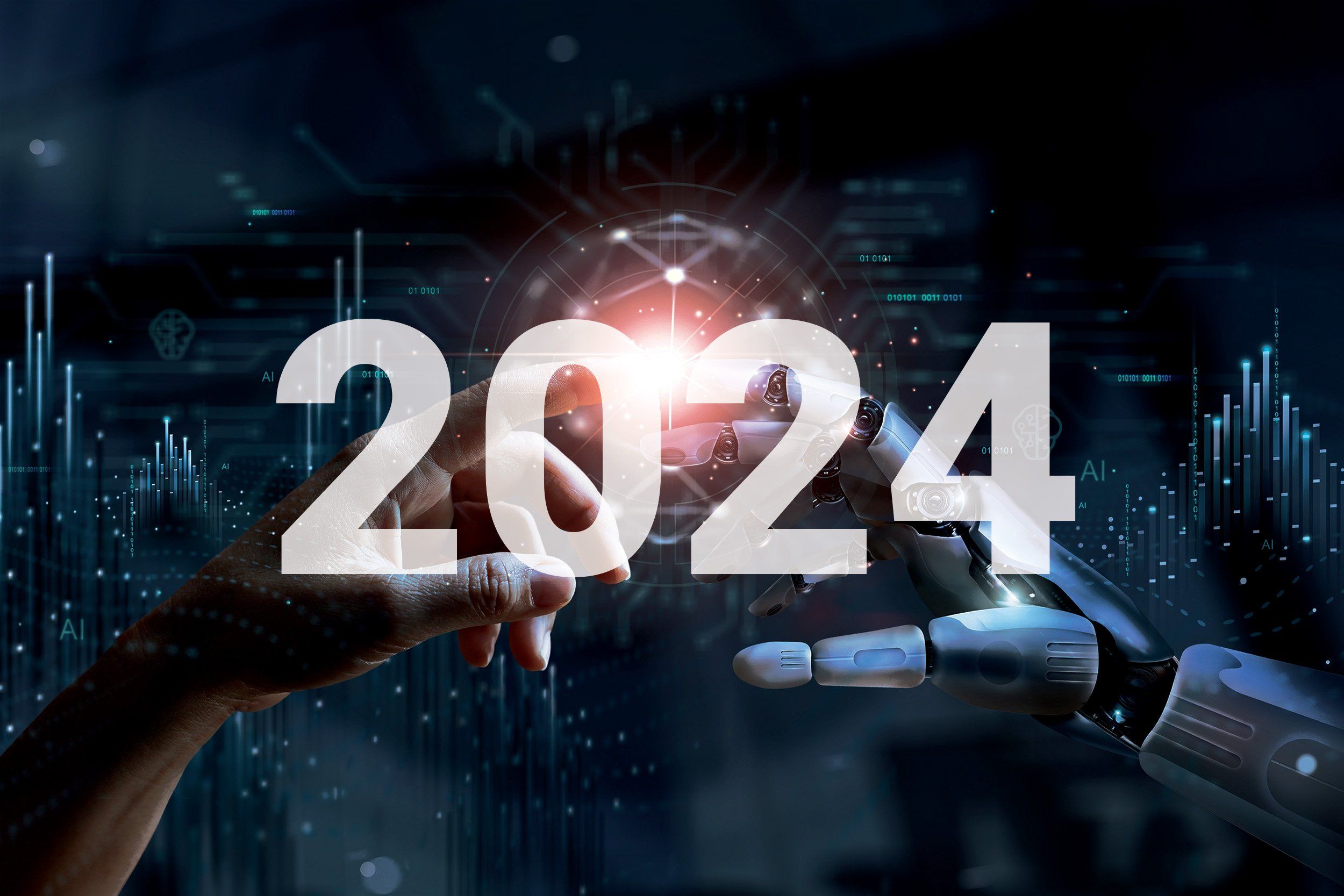 robot hand behind and stock charts with 2024 overlay