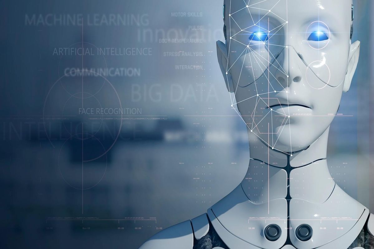 Robot with digital face pattern and AI-themed text overlay.