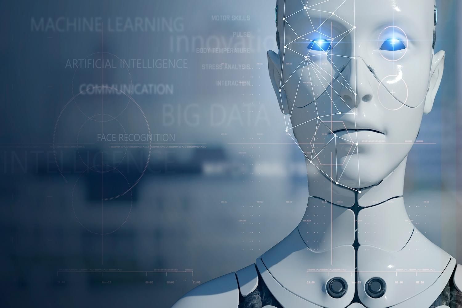 Robot with digital face pattern and AI-themed text overlay.