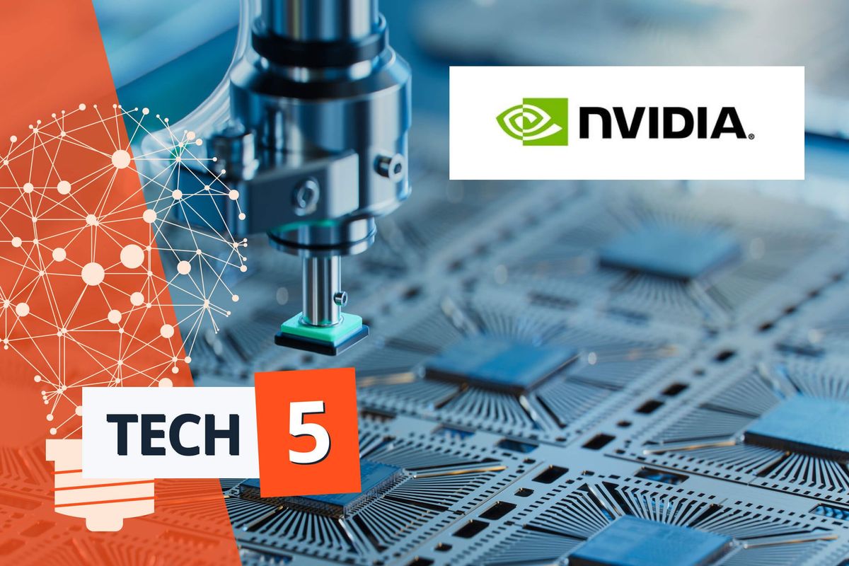 Robotic arm assembling chips with NVIDIA logo and "Tech 5" text overlay.