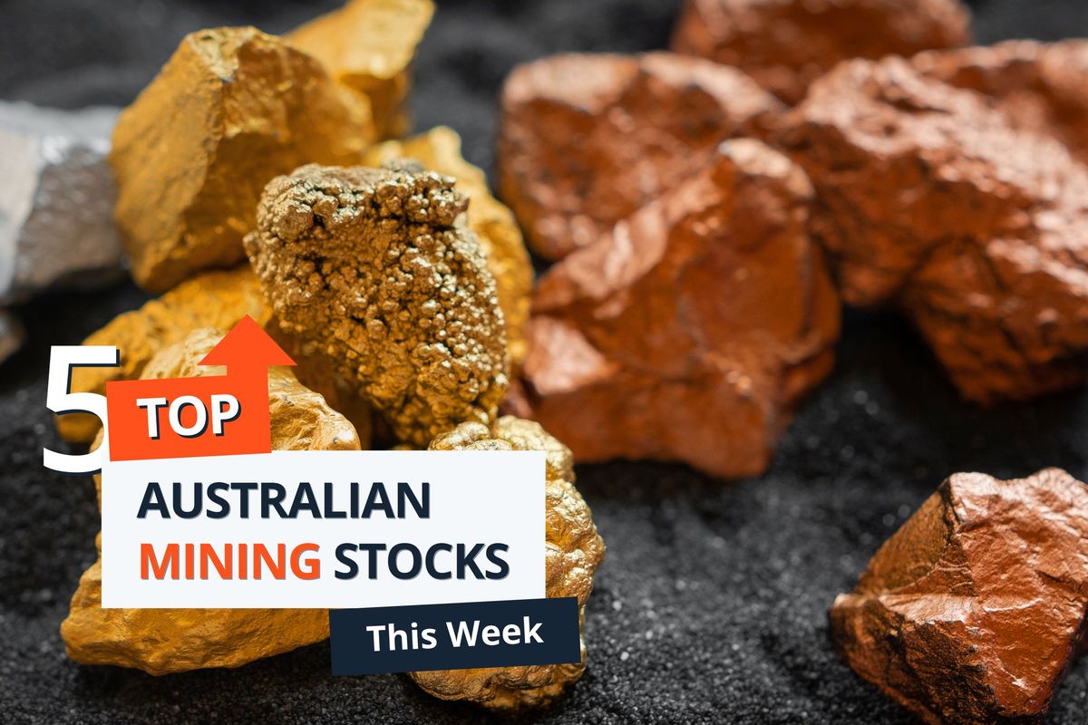 Rocks on black sand with "5 Top Australian Mining Stocks This Week" text overlay.