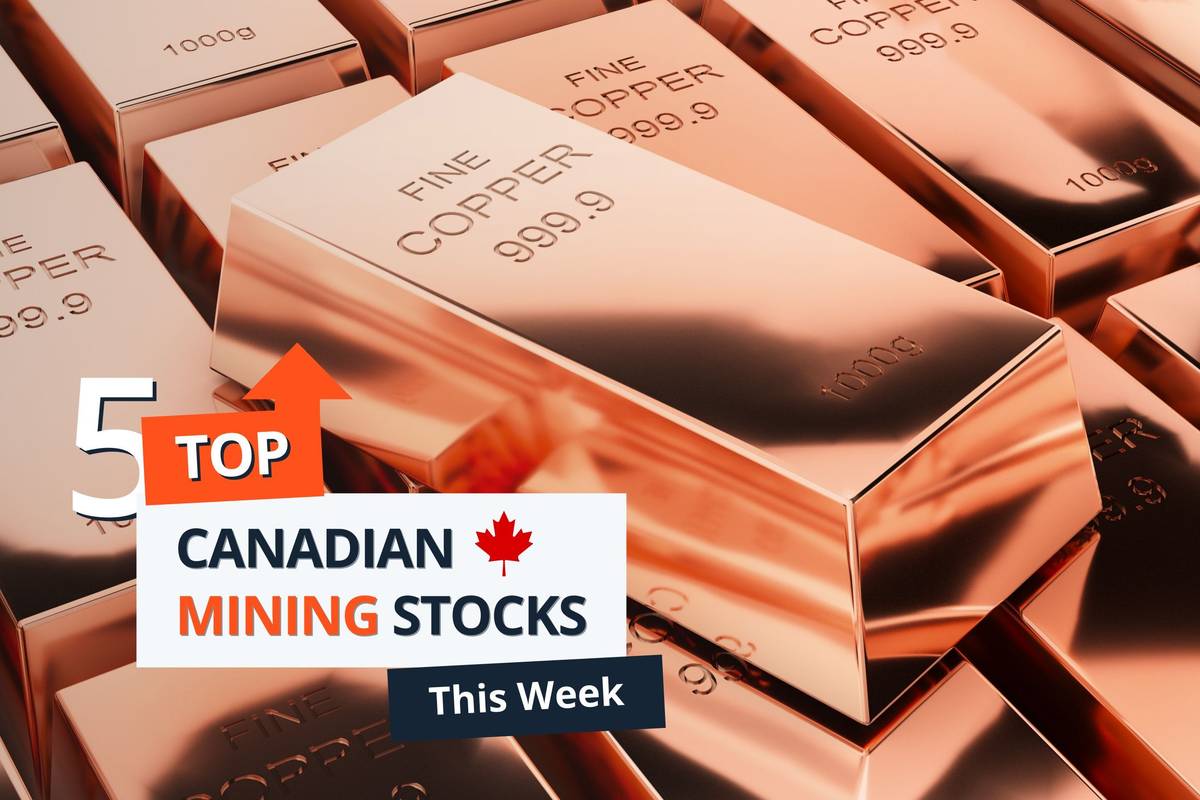 Rows of fine copper bars. Text reads: "5 Top Canadian Mining Stocks This Week."