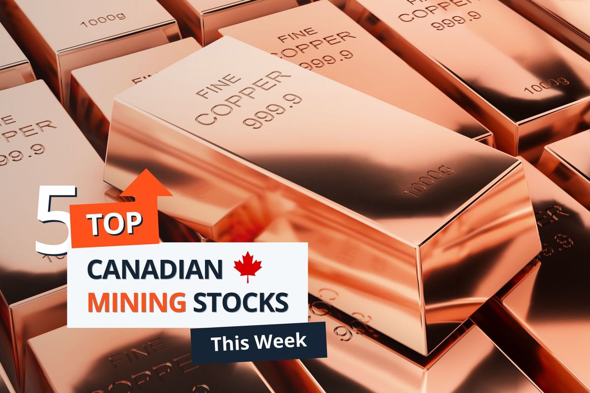 Rows of fine copper bars with text that reads '5 Top Canadian Mining Stocks This Week.'