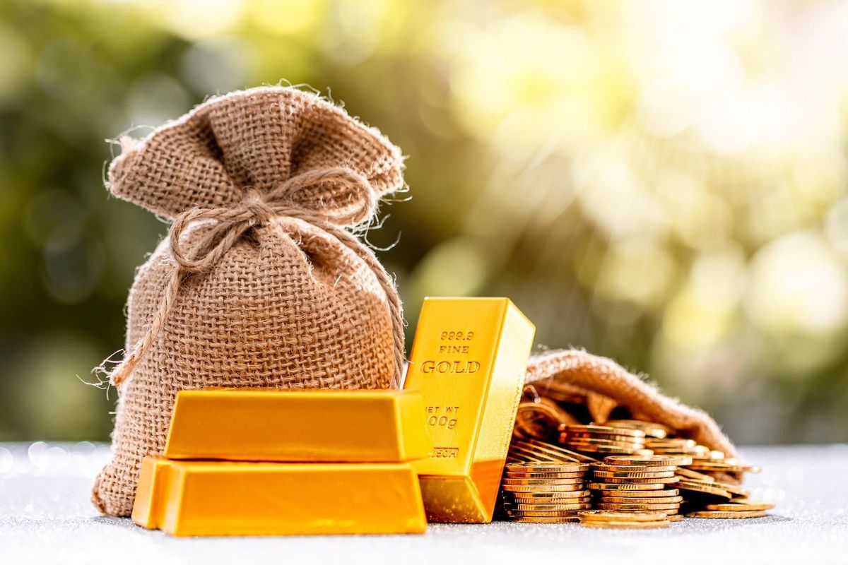 Sack, gold bars, and coins against a blurred outdoor background.