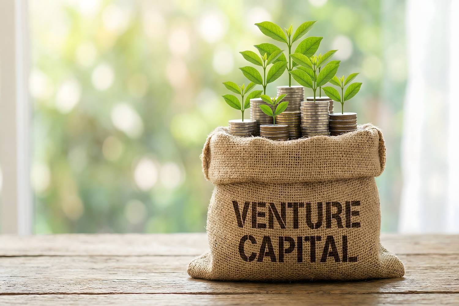 Sack labeled "venture capital" filled with coins and sprouting plants.