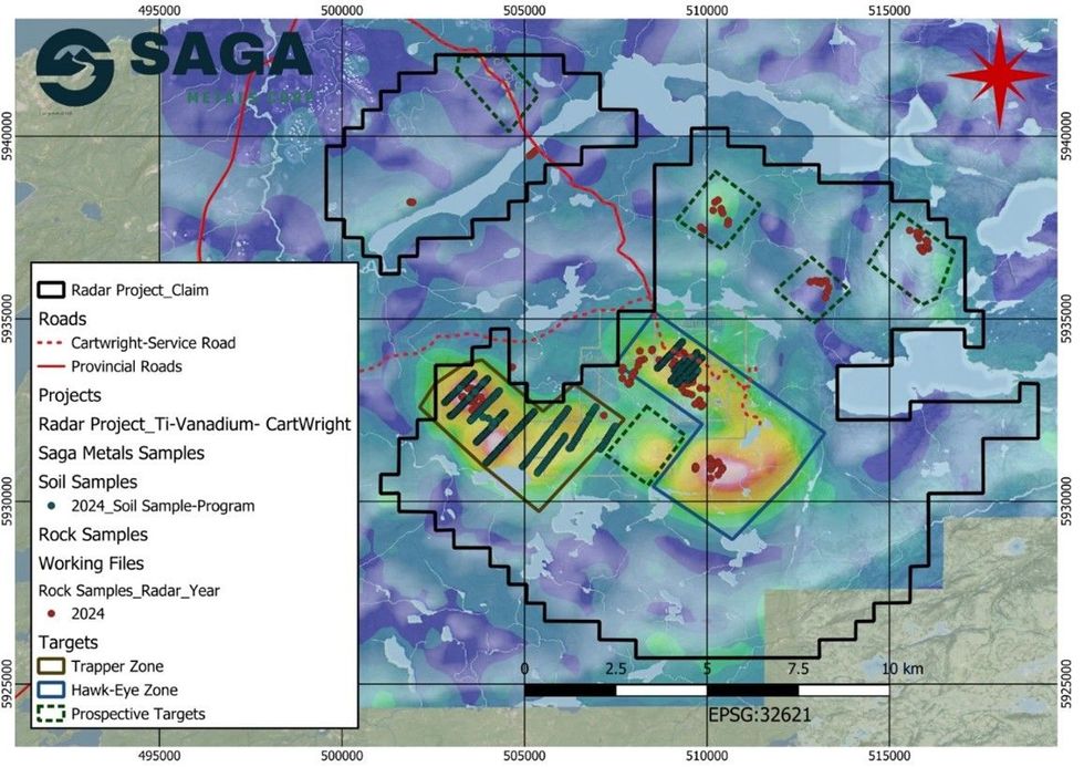 Saga Metals' Hawkeye and Trapper Zone with Corresponding Geophysics post 2024 Field Program