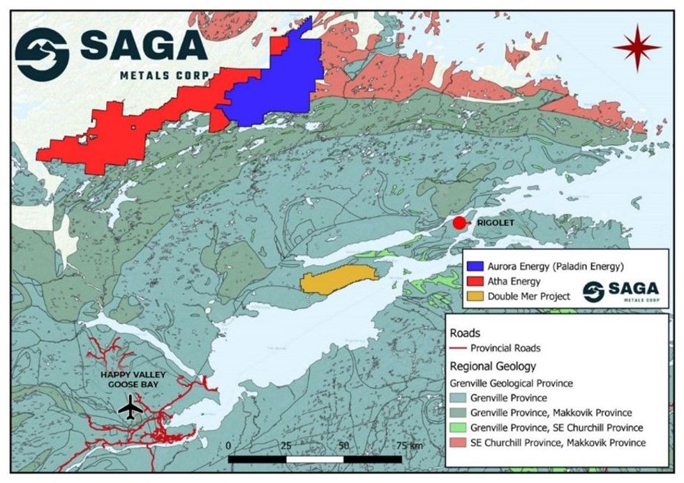 Saga Metals' Regional map of the Double Mer Uranium Project in Labrador, Canada