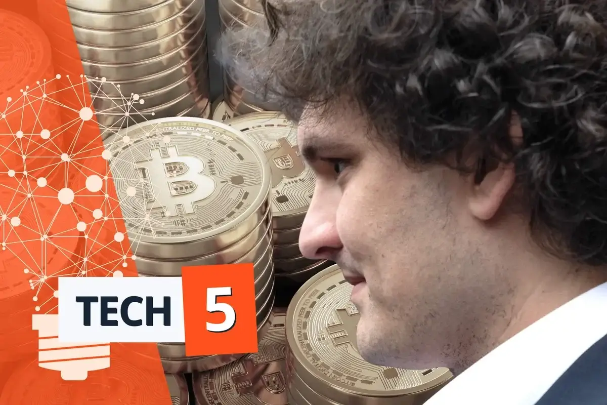 sam bankman-fried in front of image of stacked bitcoins