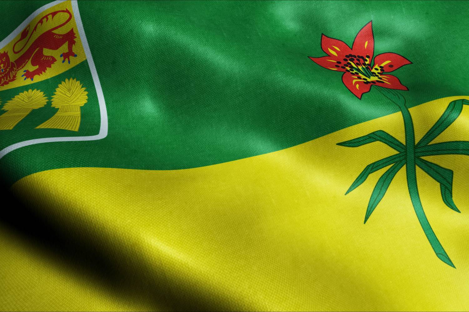 Saskatchewan flag with red lily on yellow, crest with lion and wheat sheaves on green.