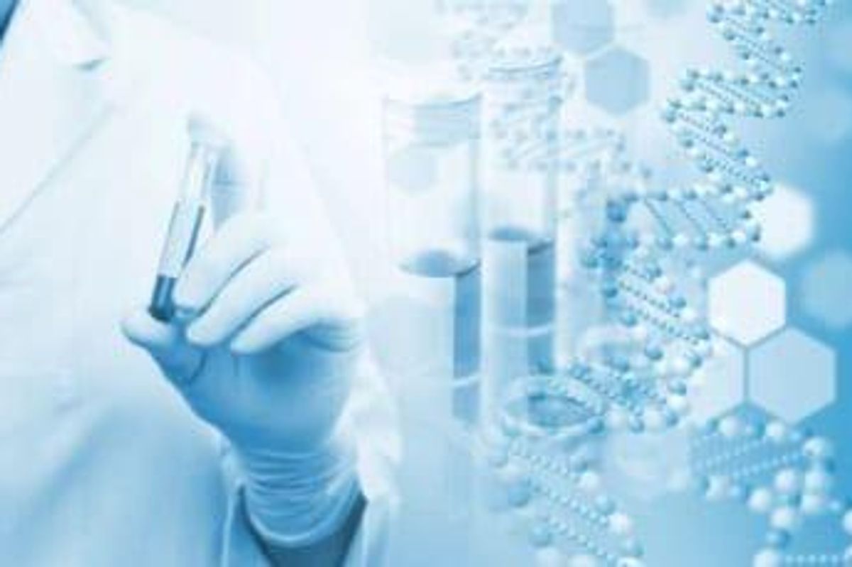 Scientist holding test tube, with DNA helix and hexagonal patterns in the background.