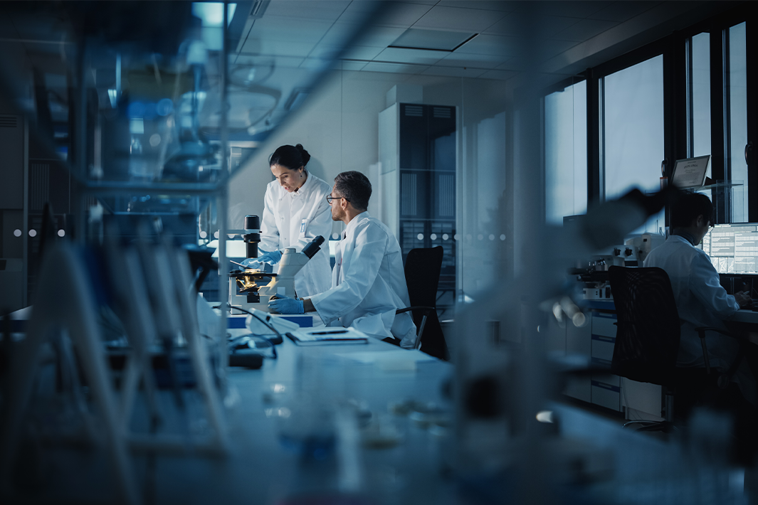 Scientists working in a modern medical research laboratory.