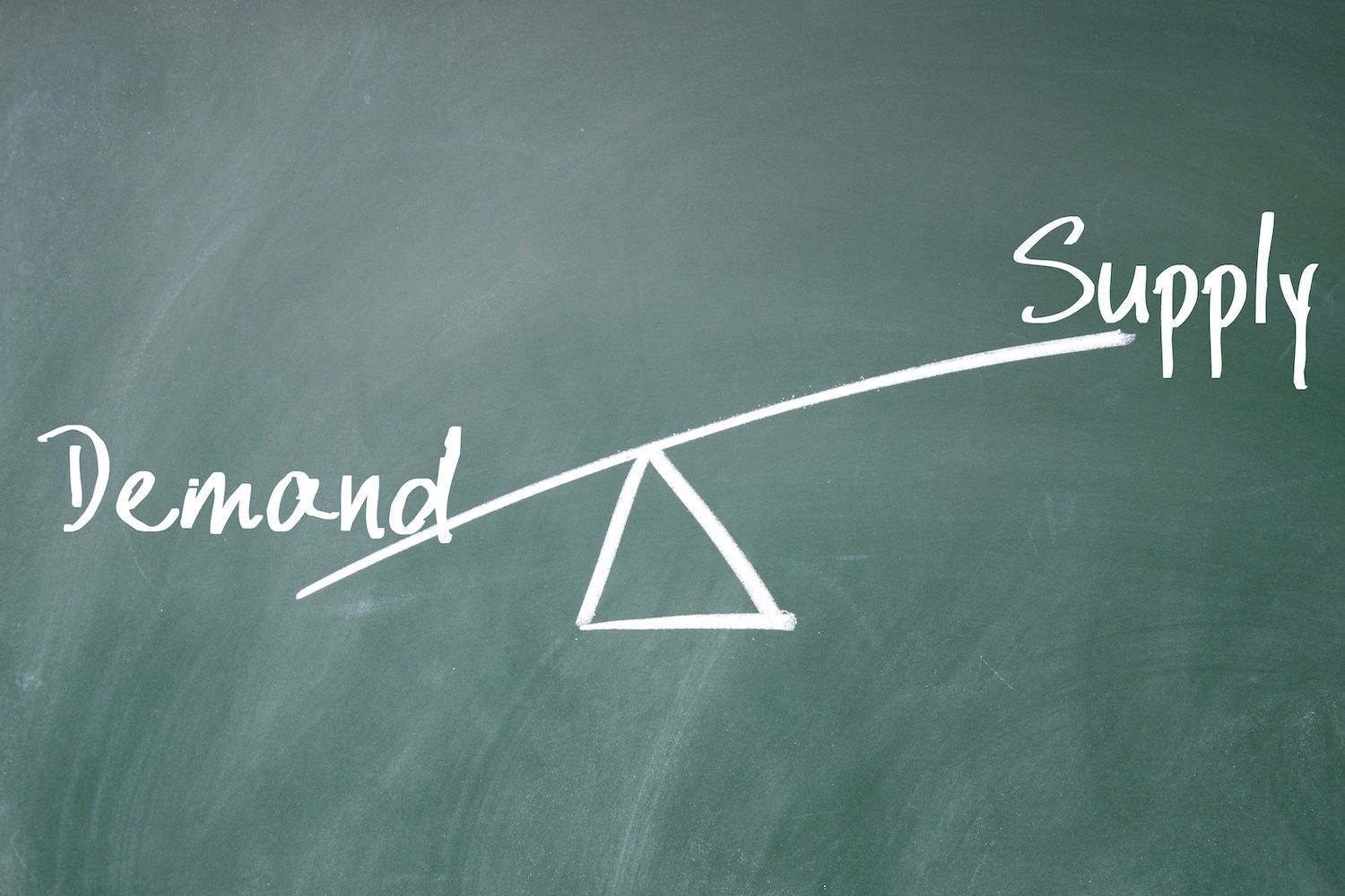 Seesaw diagram with "demand" outweighing "supply" on a chalkboard.