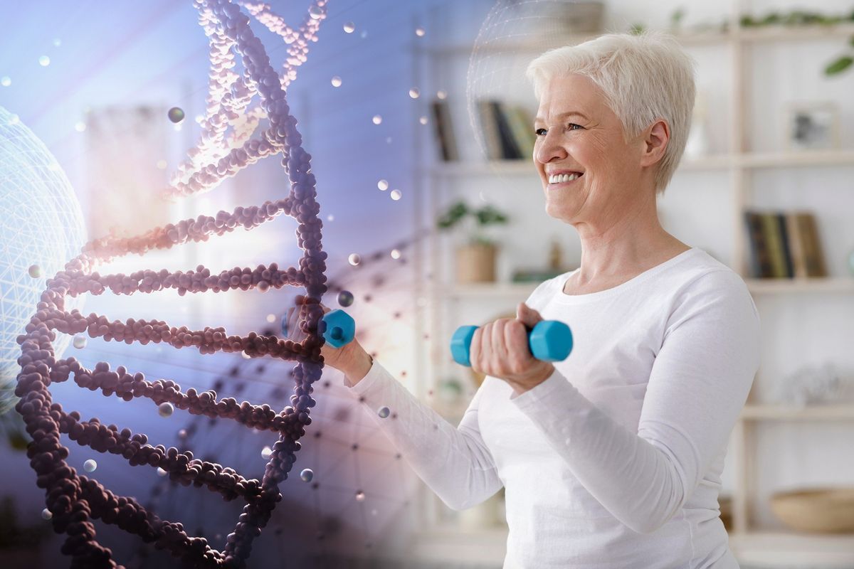 Senior woman doing exercises alongside closeup of DNA.