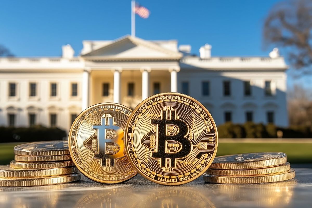 Several Bitcoins in front of the White House.