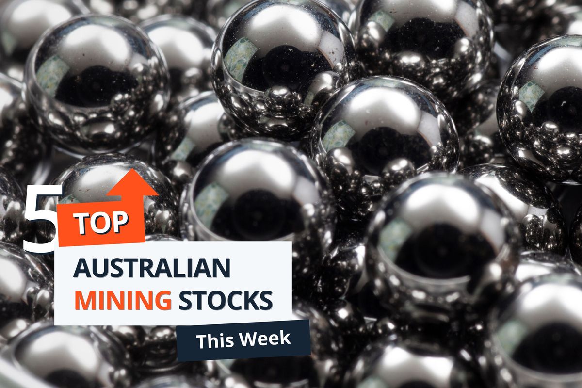 Shiny metallic rare earth balls with text: "5 Top Australian Mining Stocks This Week."