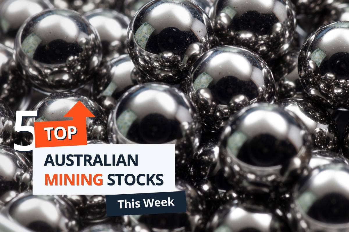 Shiny metallic spheres with text: "Top 5 Australian Mining Stocks This Week".