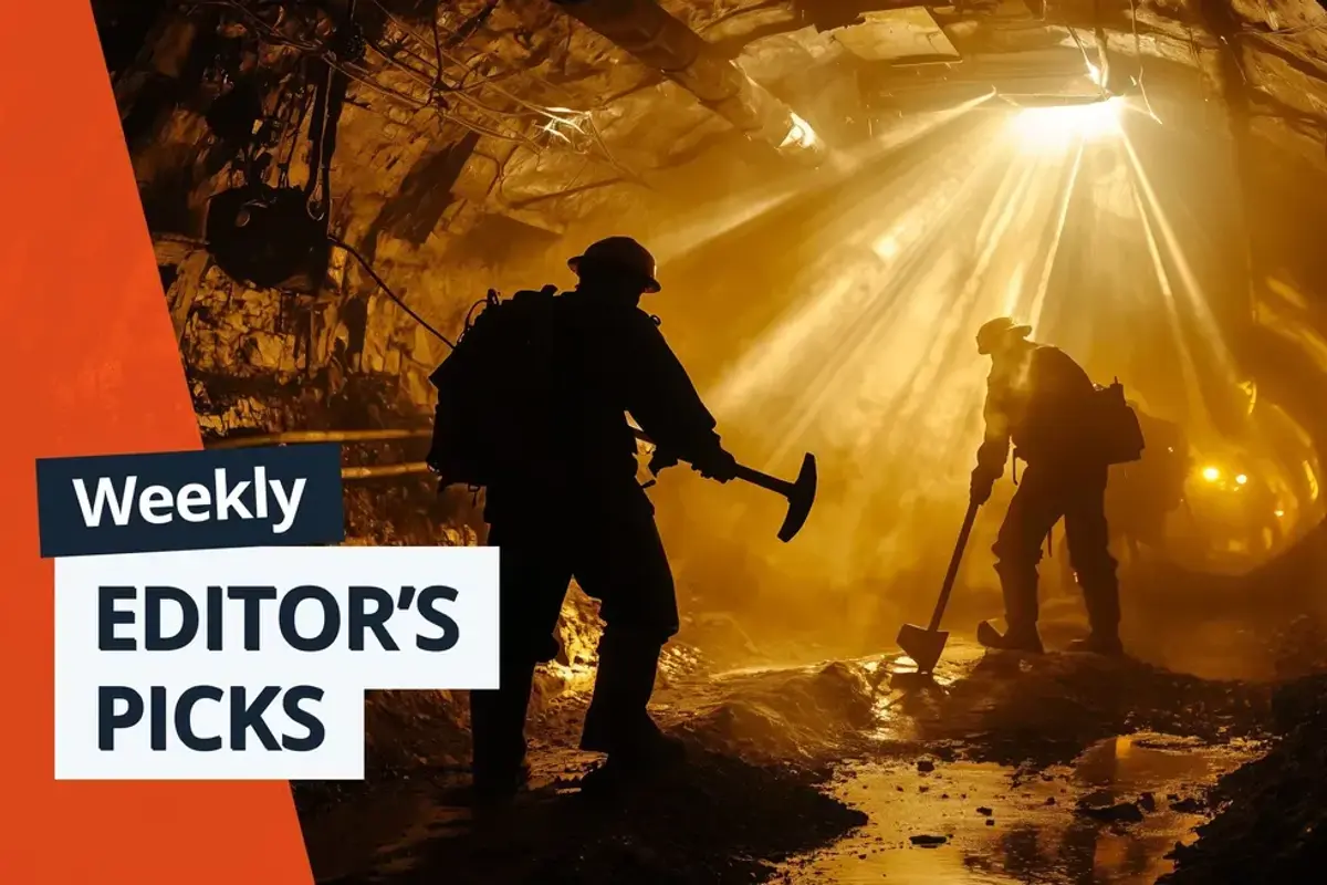 Silhouetted miners work in a dimly lit tunnel; "Weekly Editor's Picks" text overlay.