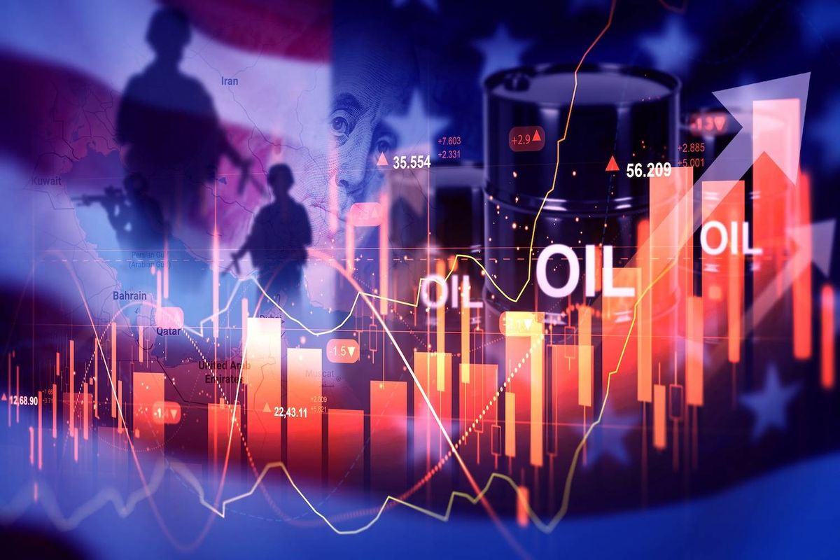 Silhouetted soldiers and oil barrels over a graph with text reads: OIL, against a map background.