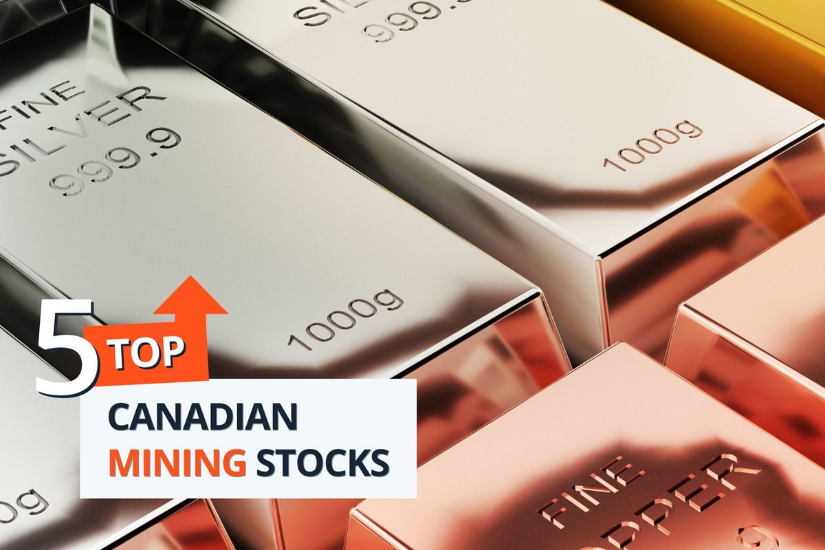 Silver and copper bars with "5 Top Canadian Mining Stocks" text overlay.