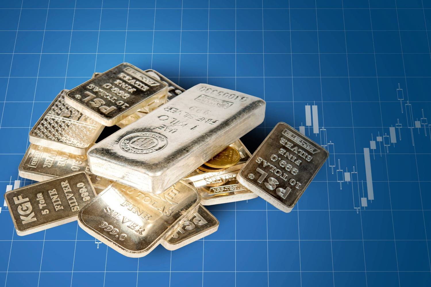 Silver bars and gold coins on a financial graph background.