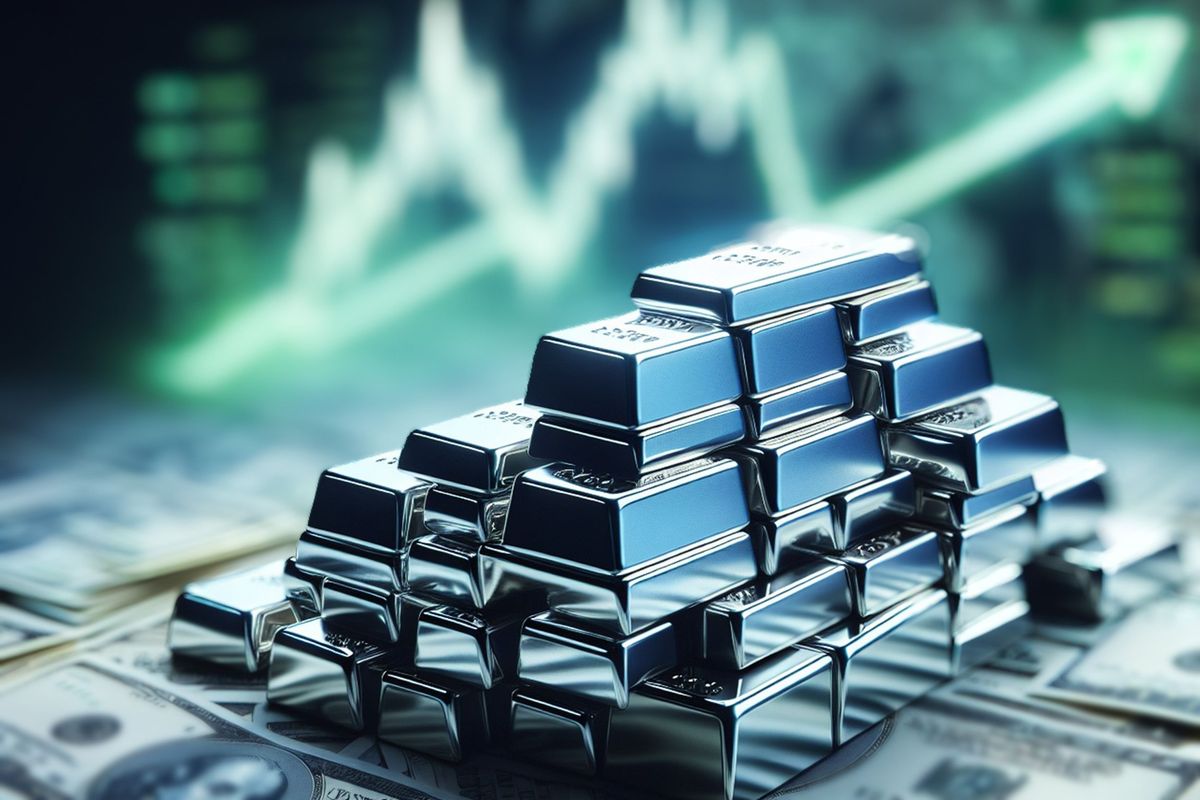 Silver bars on pile of $100 bills and green chart going up.