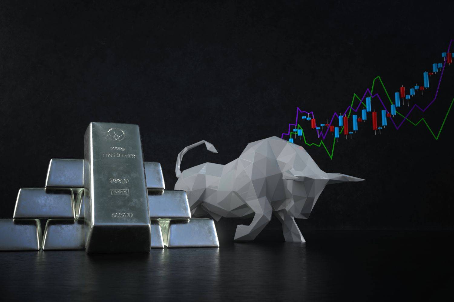 Silver bars, silver bull and stock chart.
