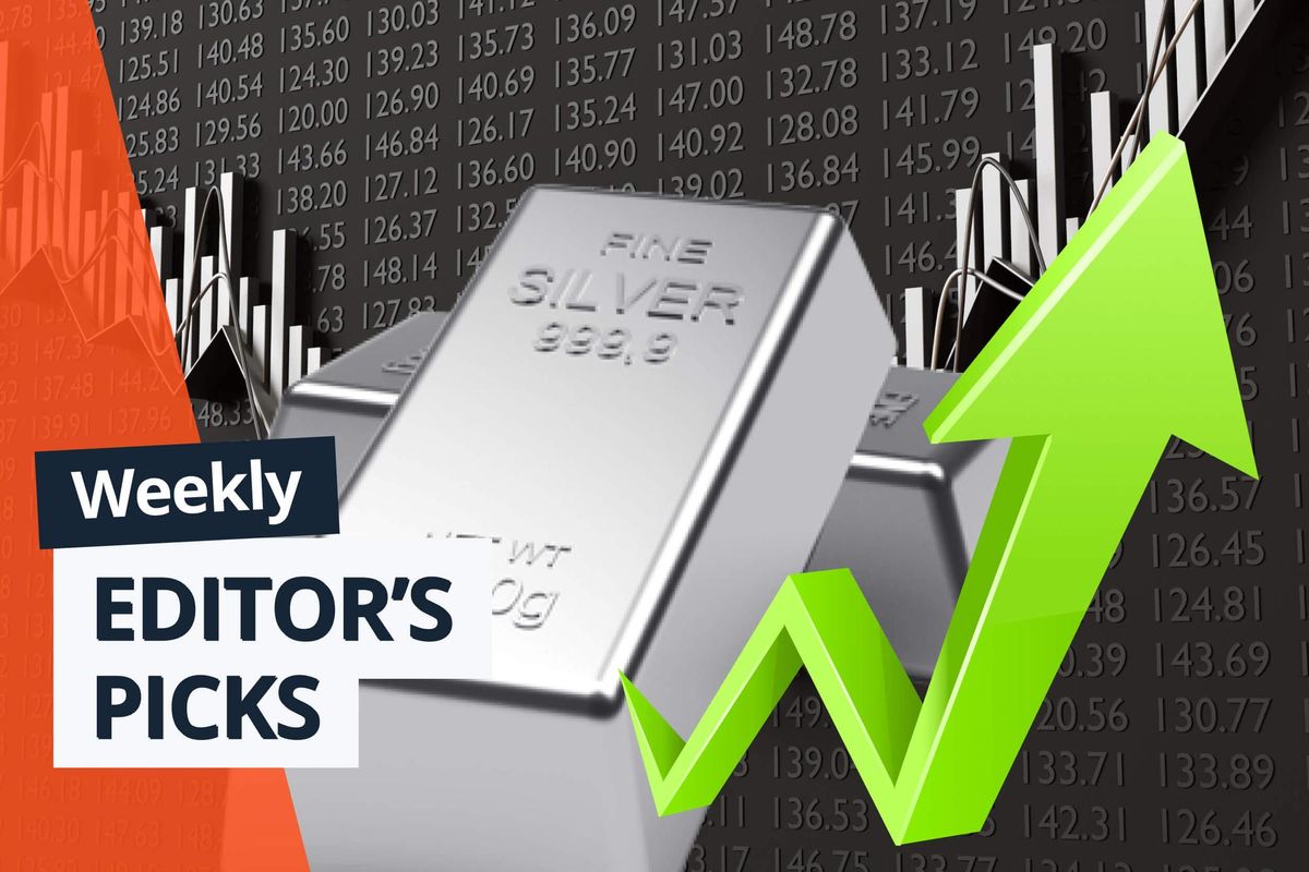 Silver bars, stock market chart, green upward arrow, "Weekly Editor's Picks" text overlay.