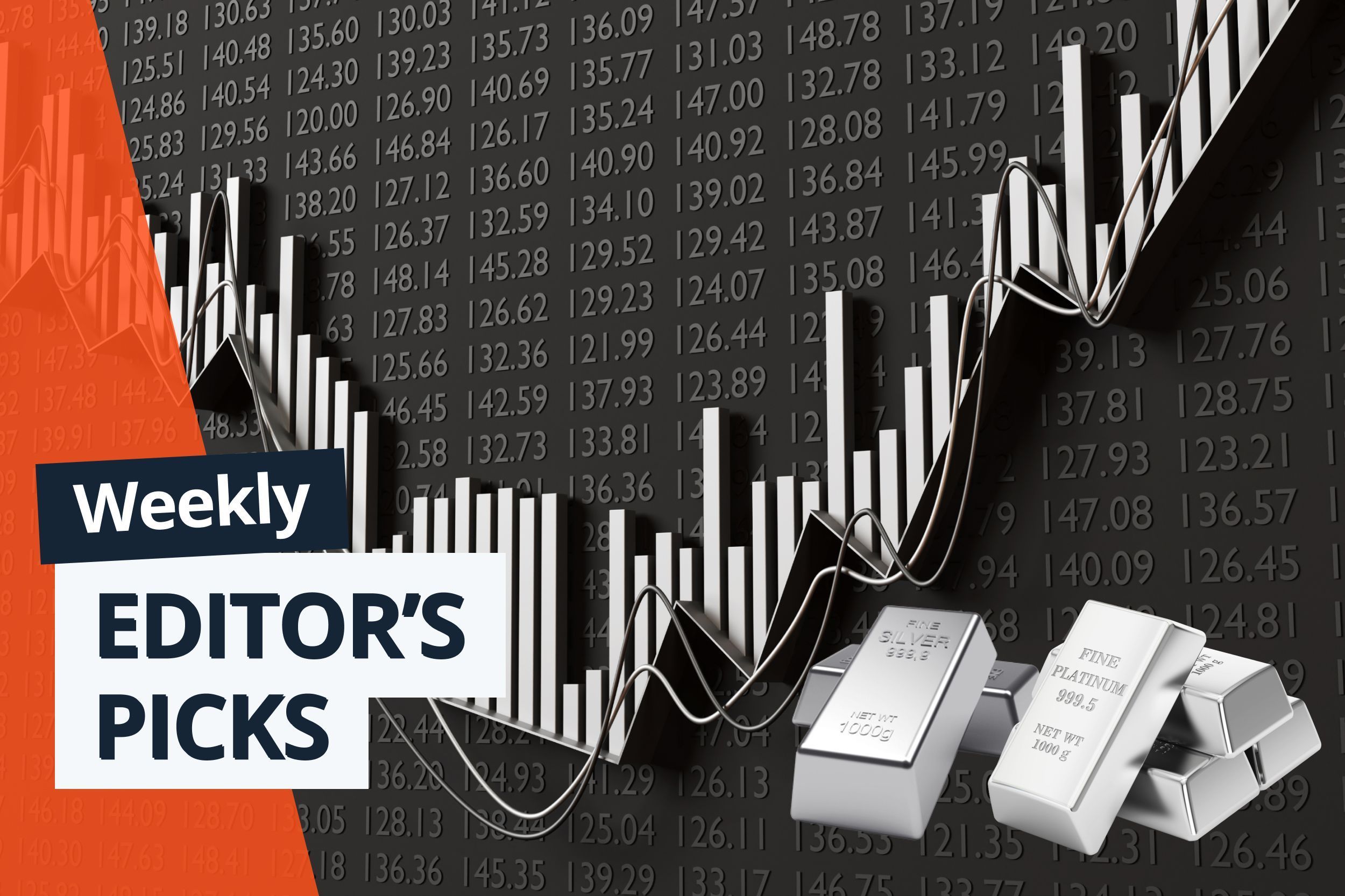 Silver bars, stock market data and graph with "Weekly Editor's Picks" banner.