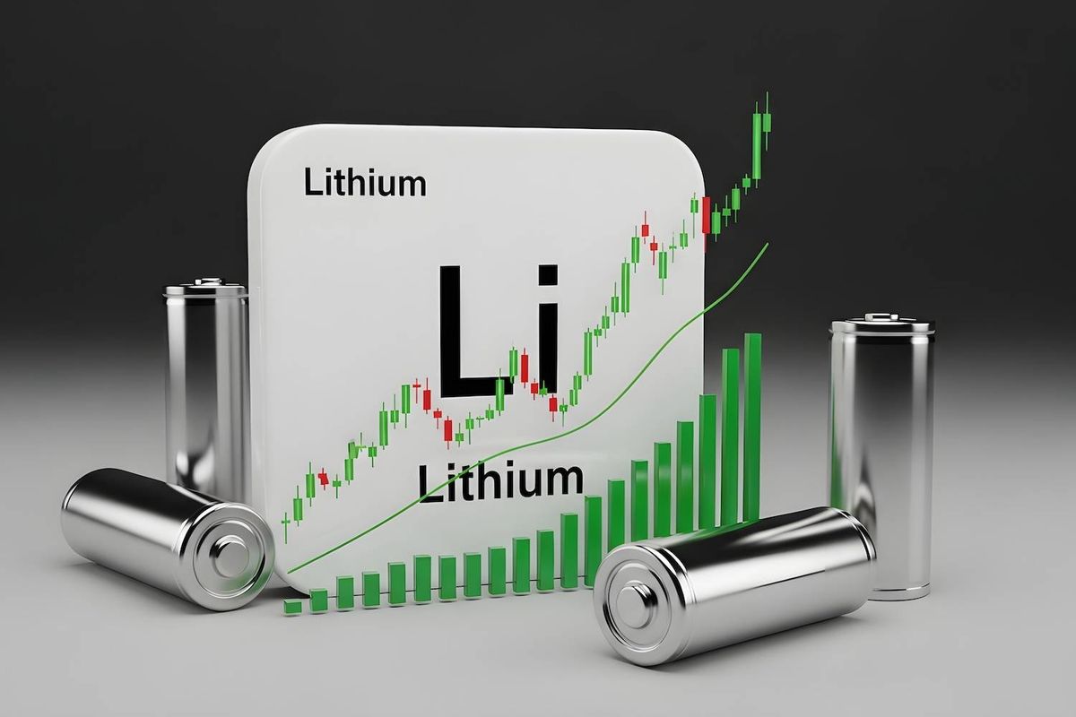 Silver batteries surround a rising green graph on a lithium-themed backdrop with the text: Lithium, Li.