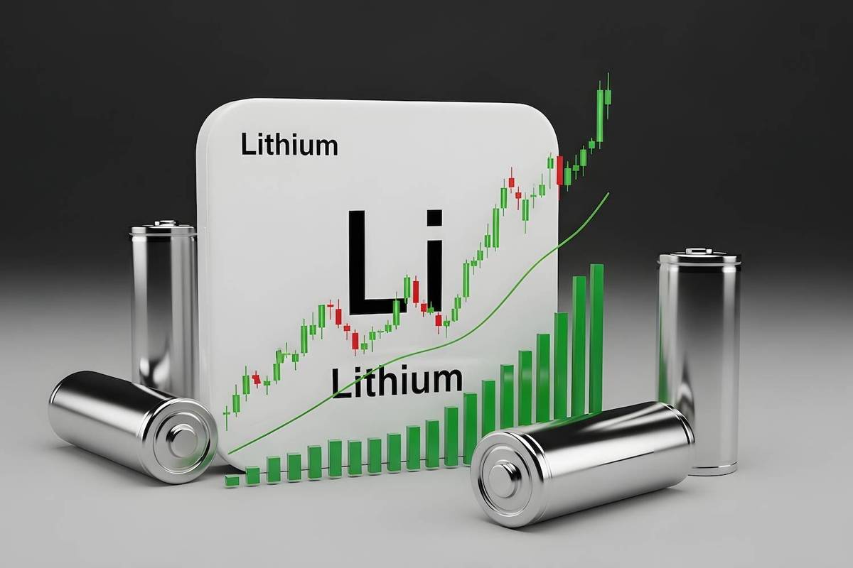 Silver batteries surround a rising green graph on a lithium-themed backdrop with the text: Lithium, Li.
