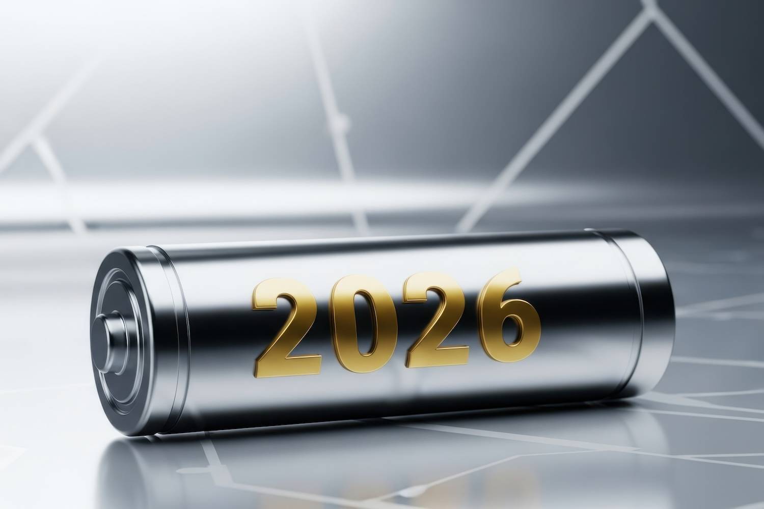 Silver battery with "2026" in gold numbers, set on a reflective surface.