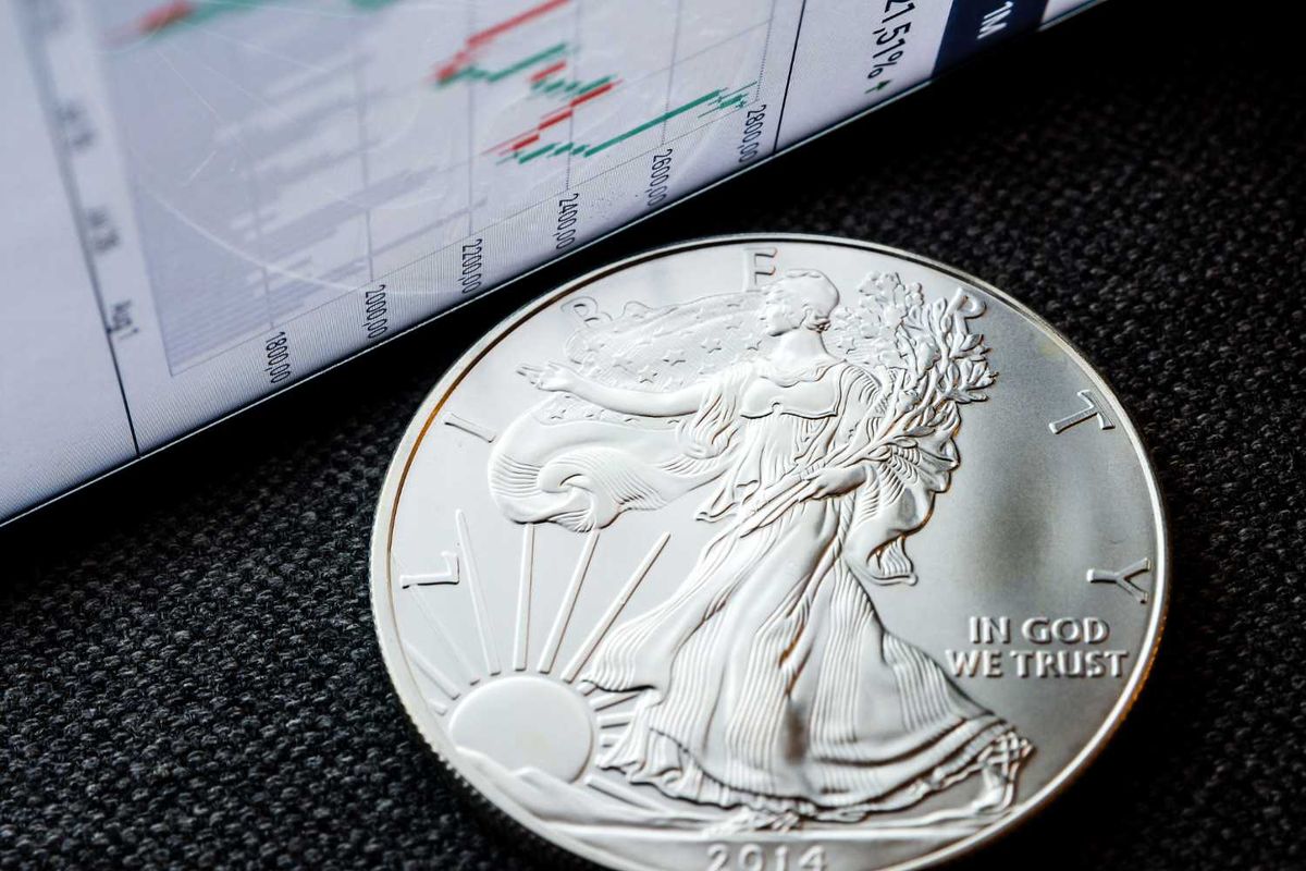 Silver coin next to a financial chart on a screen.