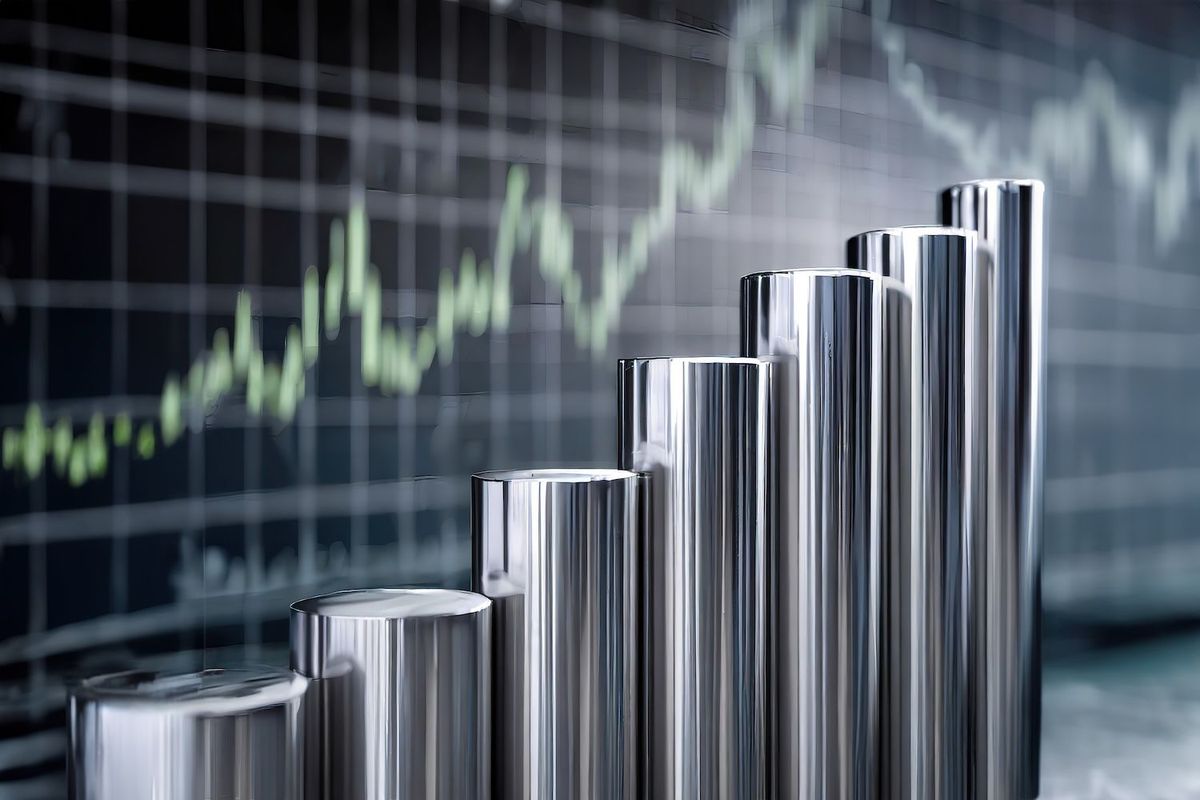 Silver cylindrical bars with a financial graph background.