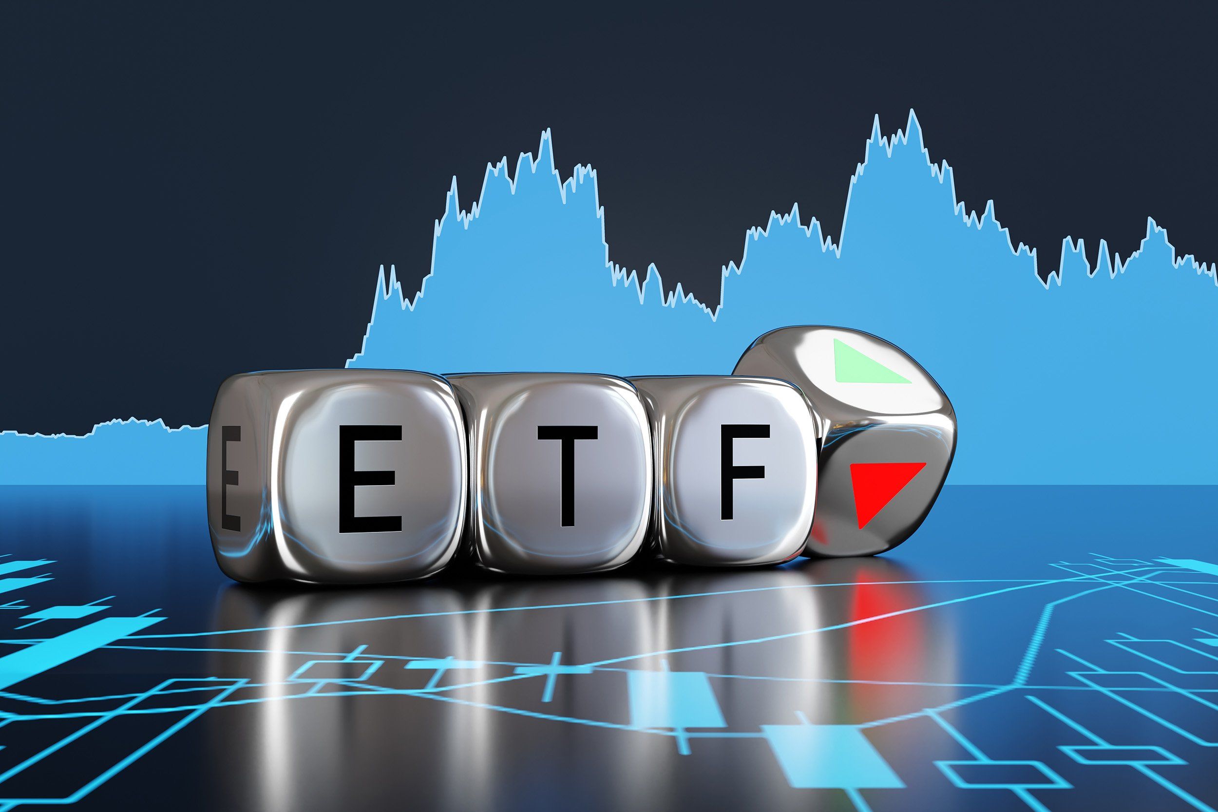 Silver metallic dice spelling "ETF" against stock chart background.