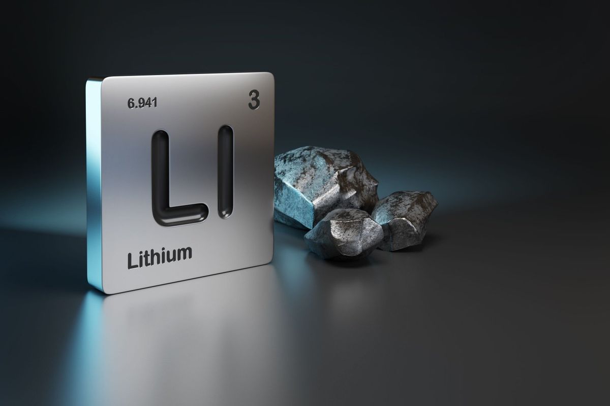 Silver square with the lithium periodic symbol standing upright next to lithium metal.