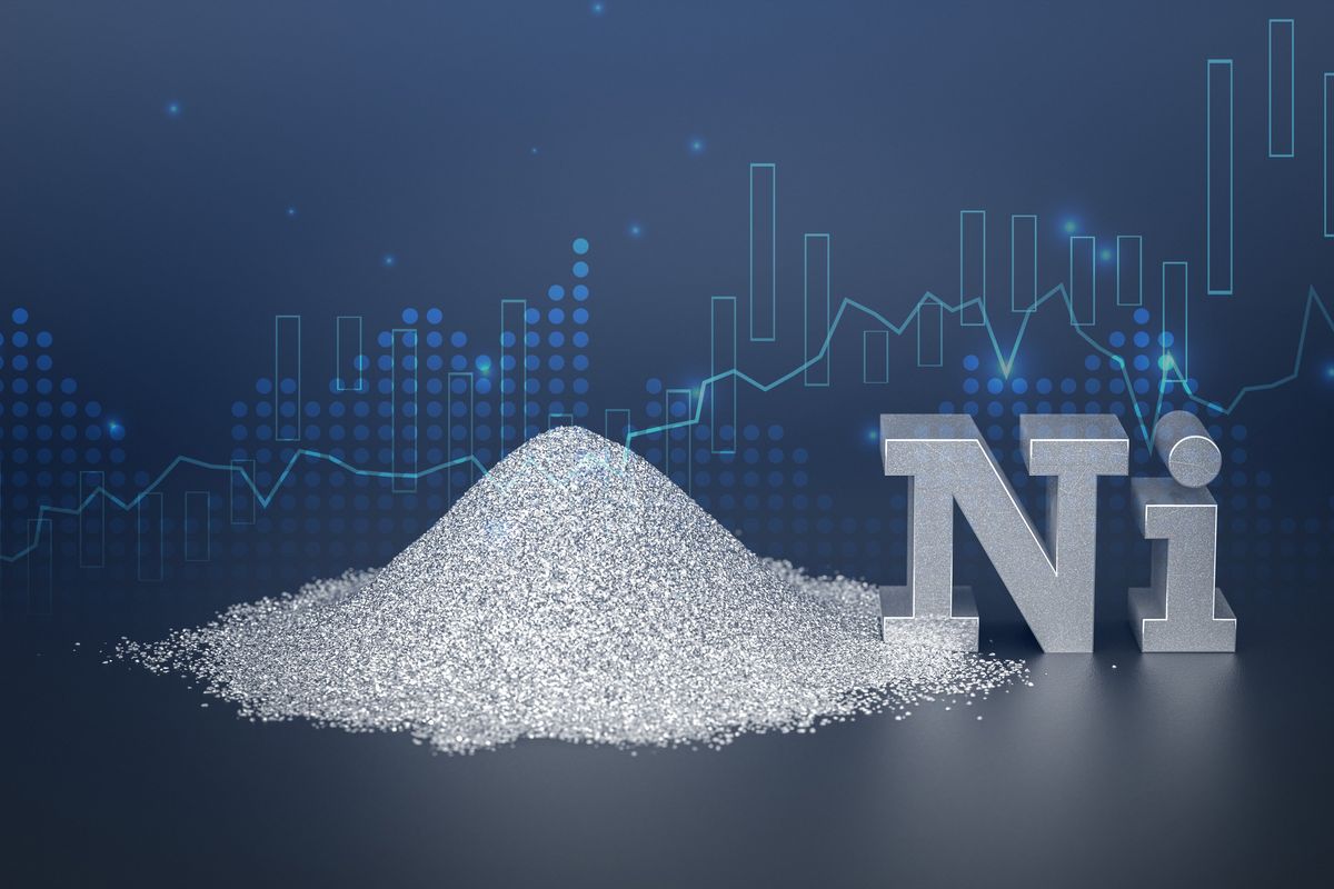 silver-white nickel metal powder and nickel periodic symbol with stock chart