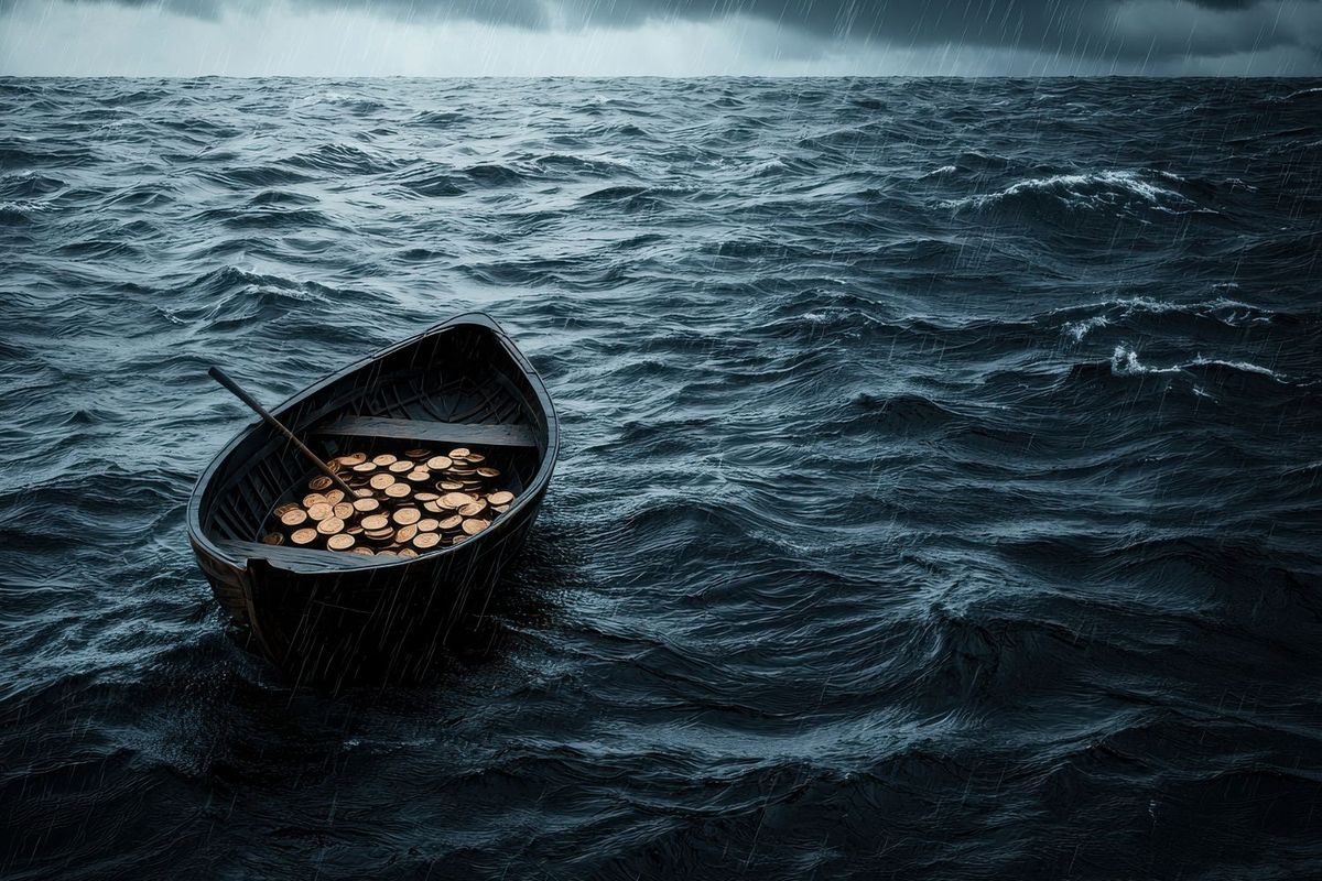 Small boat full of coins in the ocean.