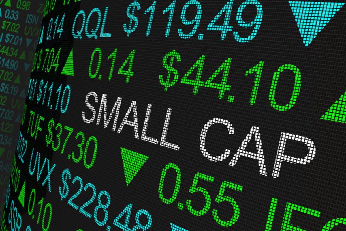 "small-cap" written on a stock ticker board 