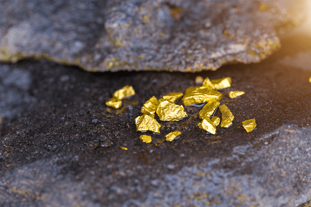 Small gold nuggets scattered on a rough, dark gray rock surface.